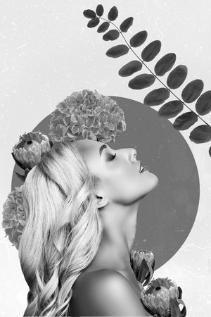 Vertical collage picture of beautiful black white gamma girl closed eyes enjoy fresh flowers comfort isolated on painted backgroundの写真素材