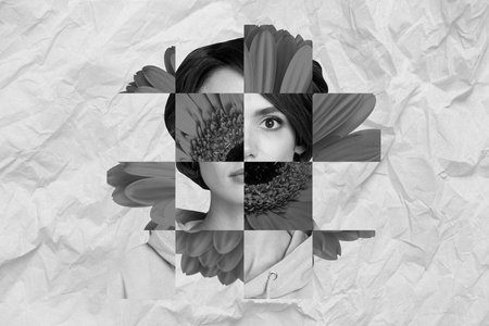 Composite collage picture of beautiful girl face red flower squares isolated on crumpled creative...