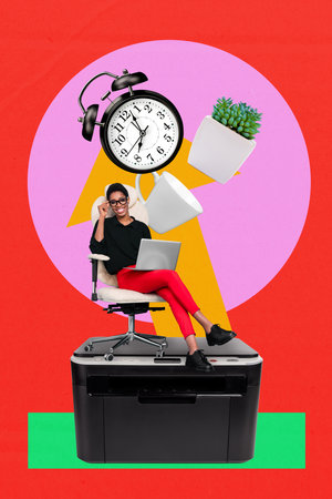 Poster sketch image artwork 3D photo collage of worker workspace profession business young lady sit...