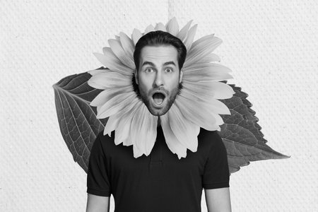 Magazine banner collage of shocked man with yellow daisy flower petals floriculture natural care conceptの写真素材