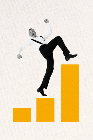 Composite artwork photo collage template sketch of goal challenge climb up strategy purpose success young business man walk smile happyの写真素材