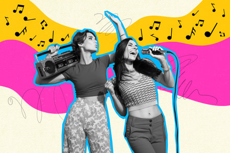 Creative sketch collage of two happy girls friends sing microphone boombox party celebration chill...
