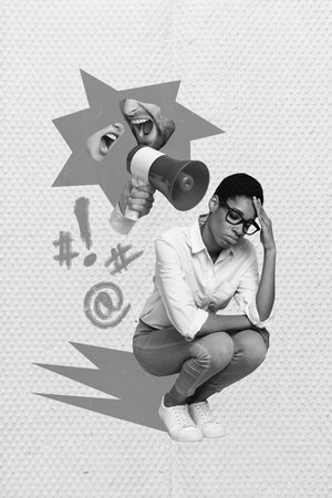 Magazine poster banner collage of despair business lady made mistake boss yelling bullhorn work conceptの写真素材