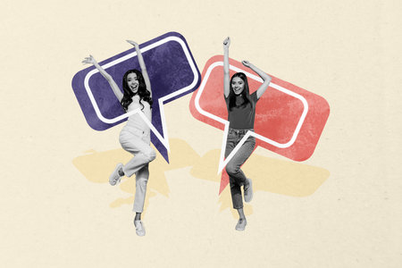 Composite art 3d creative image collage of two happy girls dance together bubble communication icon...