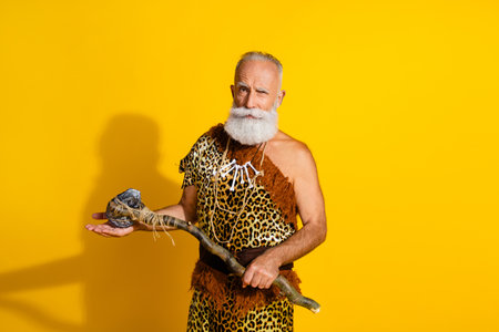 Photo of old neanderthal man feel anger hold touch rock club weapon wear animal skin isolated yellow...