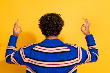 Photo portrait of handsome young guy back view show okey dressed stylish blue striped garment isolated on yellow color backgroundの写真素材