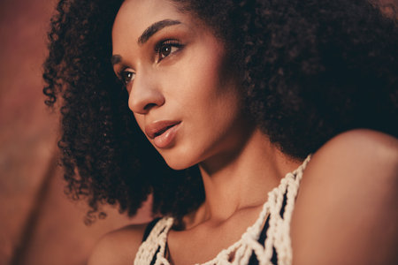 Portrait of gentle tender lady sensual photo session outdoors in park on brown textile backgroundの写真素材