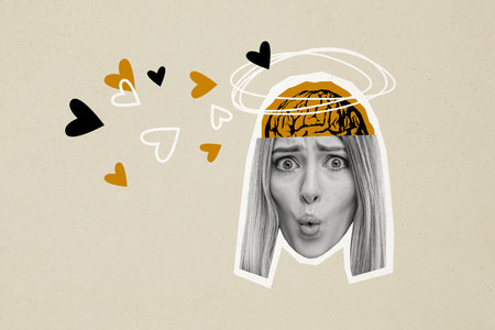 Composite photo collage of astonished girl cut head brain cortex love heart brain obsession relationships isolated on painted backgroundの写真素材