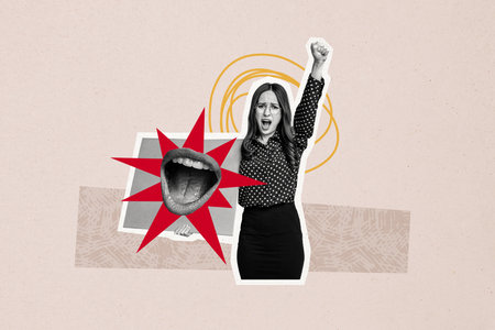 Creative photo collage image young businesswoman strike demonstration protest mouth face fragment scream shout rebellion riot fightの写真素材