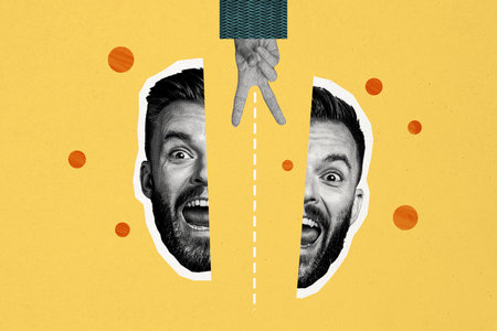 Creative trend collage of funny man hand half scream v-sign scissors cutting template metaphor psychedelic pinupの写真素材