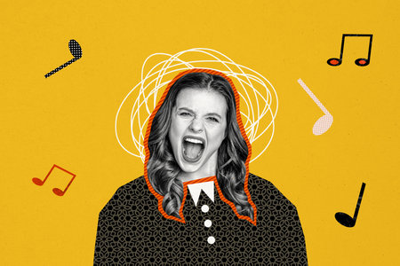 Creative trend collage of funny female singing loud voice have fun musician singer template metaphor psychedelic pinupの写真素材
