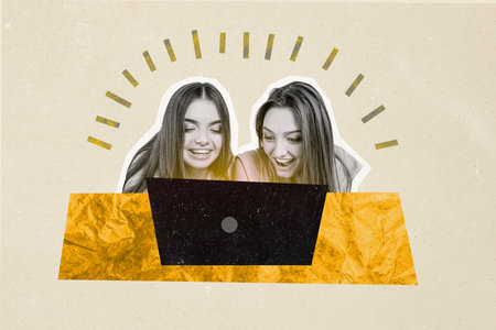 Composite photo collage of two happy girls friends watch film business people freelancer browsing laptop isolated on painted backgroundの写真素材