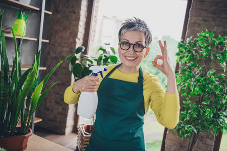 Photo of pensioner lady florist hold spray okey symbol wear green apron working flower shop studio...