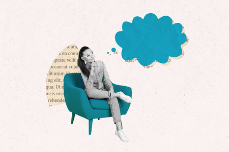 Creative photo illustration sitting young woman think imagination dreaming hmm guess comfy armchair excited interested mindedの写真素材