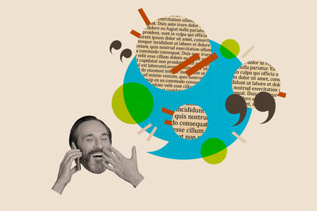 Creative photo collage mature man speak phone laugh joke wireless communication quote text speech literature book page novelの写真素材