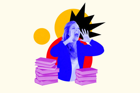 Photo collage image young screaming woman proclaim special offer bookstore discount sales book stacks reader literature loverの写真素材