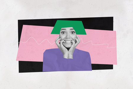 Photo collage illustration young scared woman biting nails terrified frustrated emotion fear face fragment cutout drawing backgroundの写真素材