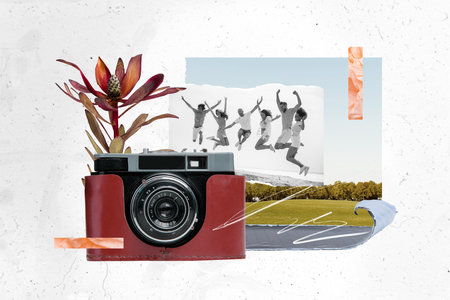 Collage artwork vintage aperture photocamera shooting travel blog group friends jumping together in forest isolated on white backgroundの写真素材