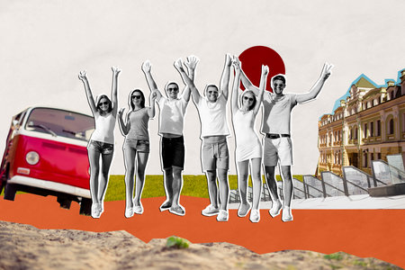 Creative banner collage poster of people buddies guys ladies drive on van travel city enjoy summer vacationの写真素材