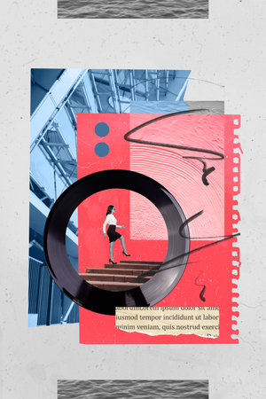 Vertical collage of mini black white effect girl climb stairs inside vinyl record circle buildings book page text isolated on paper backgroundの写真素材