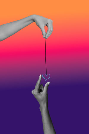 Trend vertical photo collage of hands hold heart icon celebration valentine occasion february holiday soulmate on drawing backgroundの写真素材