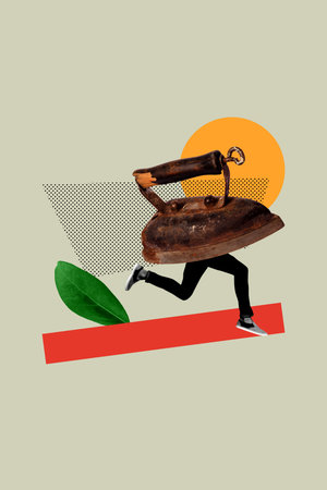 Poster image vertical photo collage of anonym human instead head retro iron heat clothing household chores hygiene duty workの写真素材