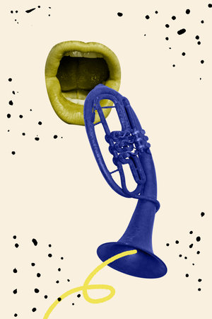 Poster image vertical photo collage of faceless mouth blow music pipe instrument performance celebration jazz solo concertの写真素材