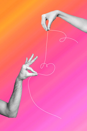 Exclusive image vertical photo collage of two hands hold needle knot problem solving team building resolve organization tiedの写真素材