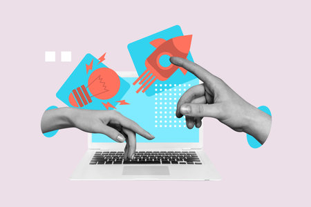 Contemporary art banner collage of hands type laptop keypad qwerty button launch business establishing light bulb power programmingの写真素材