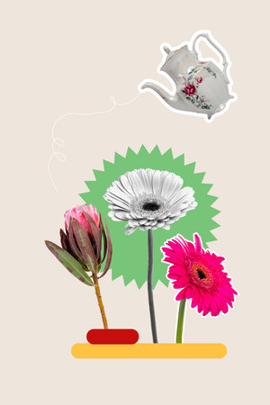 Vertical sketch 3d collage poster of teapot pour spray water flower gerbera bloom flower tea party occasion march eventの写真素材