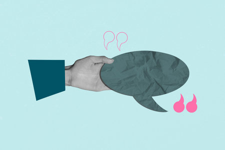 Creative sketch art photo collage of hand show icon copyspace icon text chatterbox comma...