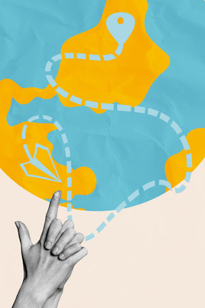 Vertical sketch 3d artwork collage poster of hands show gesture relocation geolocation plane travelの写真素材