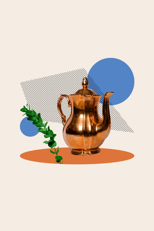 Vertical sketch 3d artwork collage poster of victorian style coffee kettle teatime occasion barista coffeehouse tool beverage cacaoの写真素材