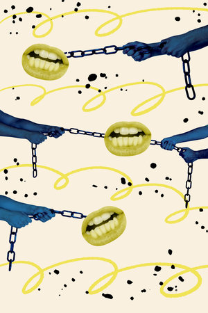 Art image vertical collage of hands pull metal chain trap mouth show teeth grimace lips imprisonment captive hostage problemの写真素材