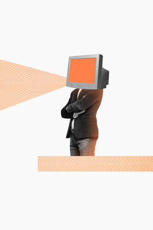 Poster image vertical photo collage of anonym businessman folded hands instead head pc monitor screen artificial intelligenceの写真素材