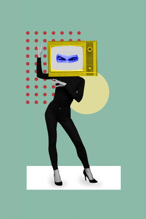 3D collage design composite trend sketch of absurd caricature head obsolete tv record young woman stand posing display eyes angry watchの写真素材