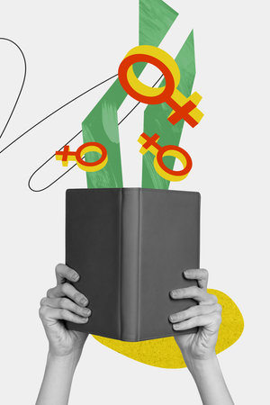 Art image vertical photo collage of hands hold book planner reader feminism history rights gender symbol woman day holidayの写真素材