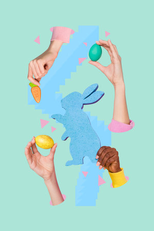 Vertical collage picture wild animal rabbit hunt easter holiday celebration vegetable carrot colorful eggs drawing backgroundの写真素材
