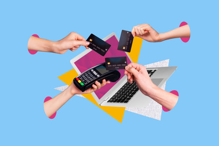 Contemporary art banner collage of hands hold pos terminal credit card contactless payment wireless laptop transaction ecommerceの写真素材