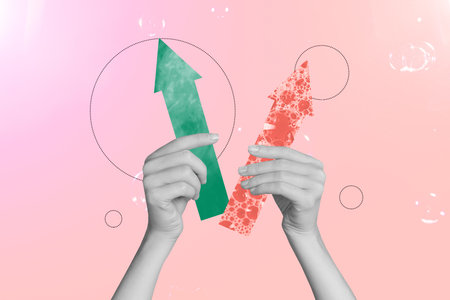 Composite art 3d creative collage of hands hold arrow pointer development concept foam design bubble success career variantの写真素材