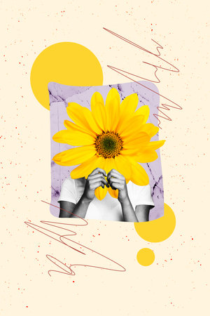 Poster photo vertical collage of anonym girl instead head chrysanthemum flower bloom nature spring season mask beauty salon therapyの写真素材