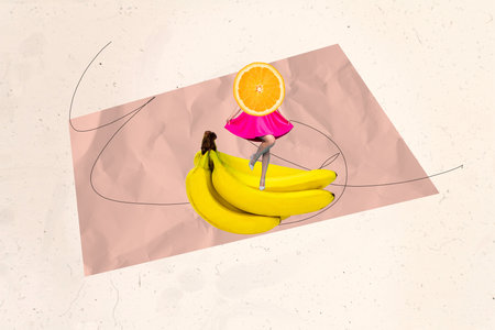 Sketch template design photo collage composite of young lady body orange fruit legs dance food hungry tasty summer seasonの写真素材