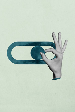 Vertical photo collage of business hand hold turn switch on power development chance success icon...