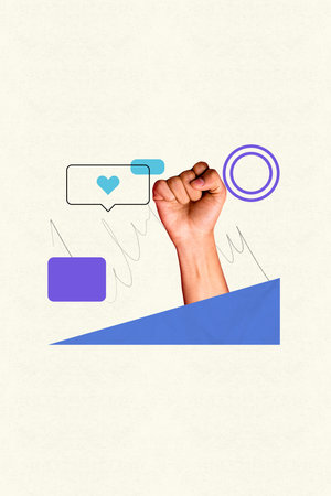 3d vertical image artwork collage of hand show fist gesture bubble heart notification valentine day social media feedback iconの写真素材