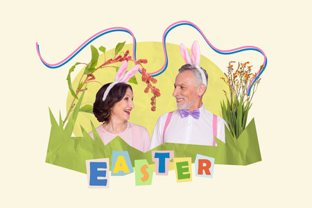 Creative photo picture collage easter celebration family elder couple postcard greeting environment...