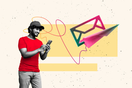 Creative design composite trend artwork collage of young man stand hold smartphone text bubble...