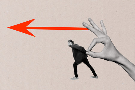 3d sketch trend collage poster of unhappy loaded businessman walk arrow pointer persistence carry hand burden workload tensionの写真素材