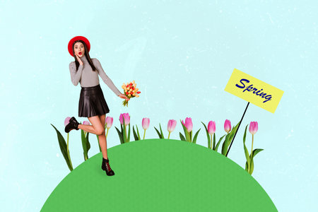 Composite art 3d creative image collage of astonished girl stand grass field road sign spring bloom tulips flower warm seasonの写真素材