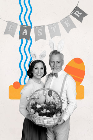 Trend artwork design collage sketch of celebrate springtime seasonal holiday feast couple bunny aged man lady smile hold basket gift eggsの写真素材