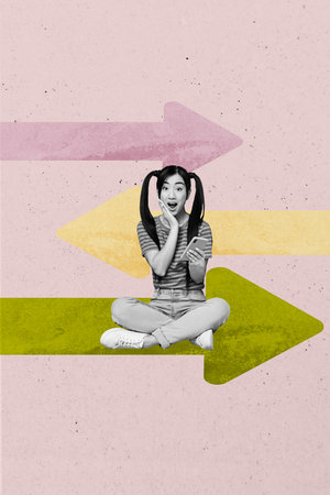 Art image vertical photo collage of excited businesswoman sit arrow development hold phone pointer statistics progress opportunityの写真素材